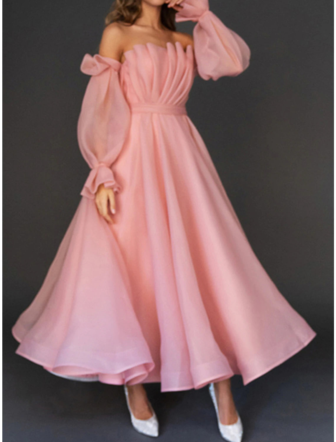 Wholesale Women's Prom Dress Party Dress Homecoming Dress Long Dress Maxi Dress Pink Long Sleeve Pure Color Ruched Fall Winter Autumn Strapless Fashion Wedding Guest Birthday Evening Party